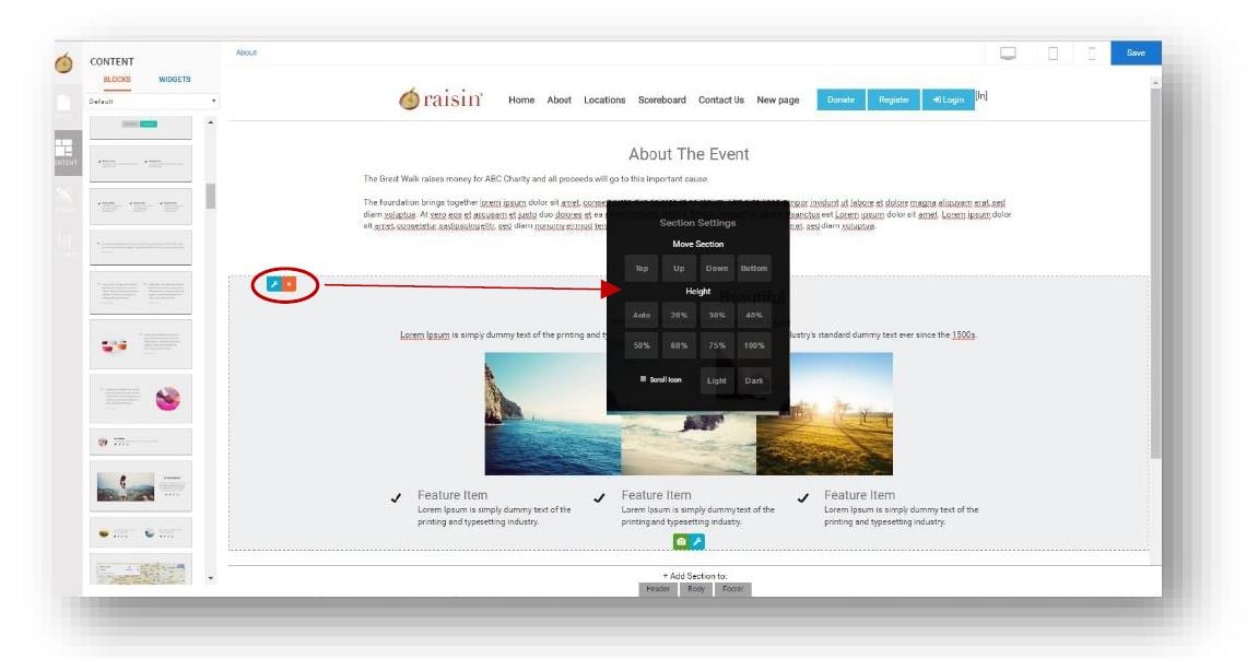 Using body sections and content blocks to customize a website page.